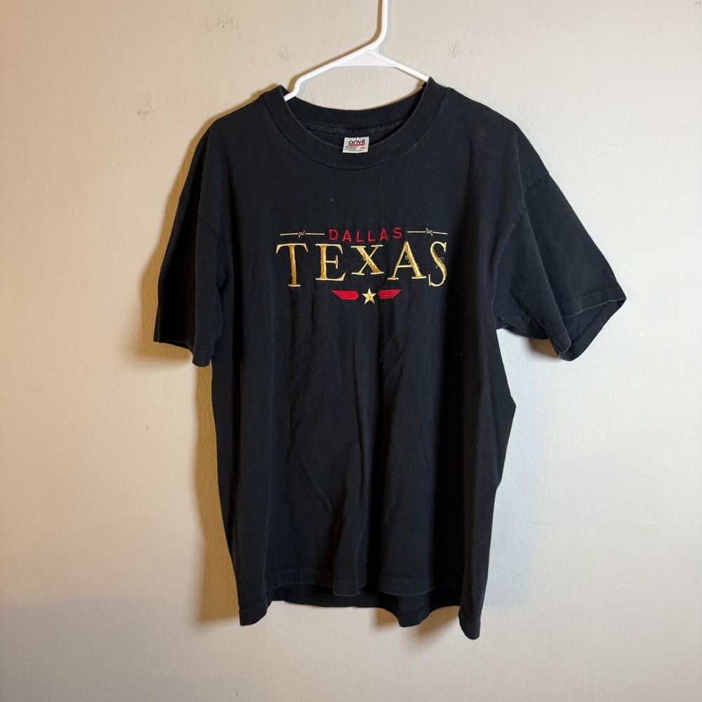 Vintage Anvil Dallas‎ Texas Embroidered T-Shirt Mens XL Black Single Stitch USA